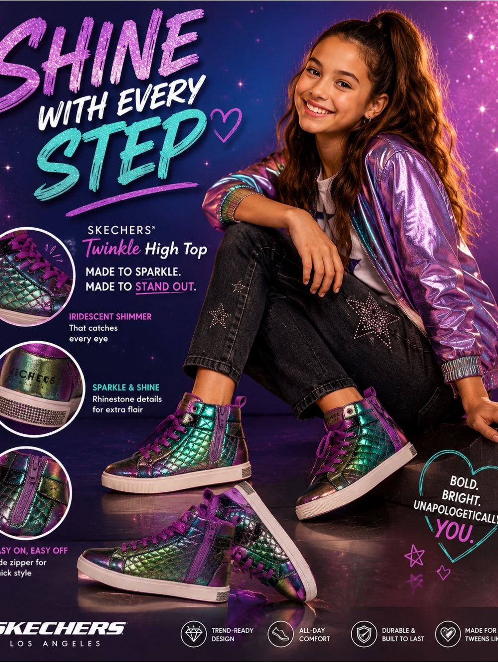 Skechers Twinkle High Top Sneakers - Iridescent Purple/Green size 5